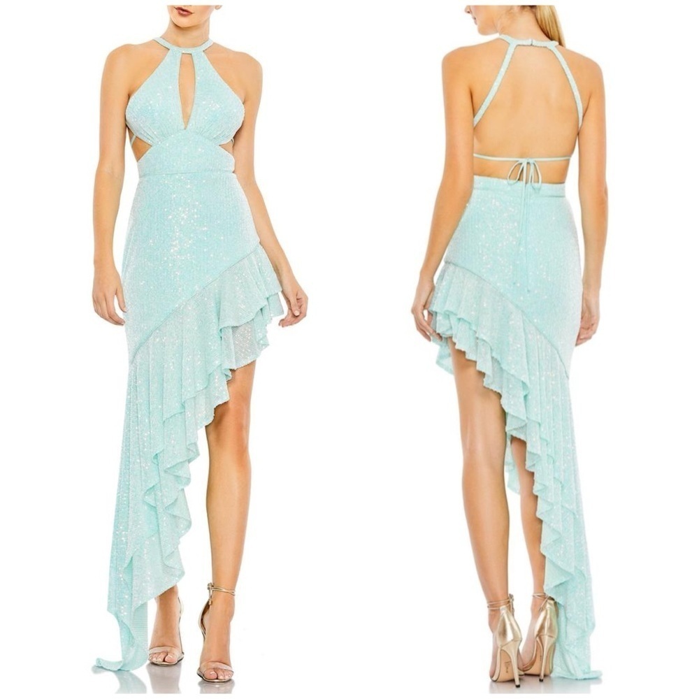 NWT Ieena Mac Duggal Aqua Blue Sequin Cut Out Ruffle Asymmetric Dress 11274 Sz 8